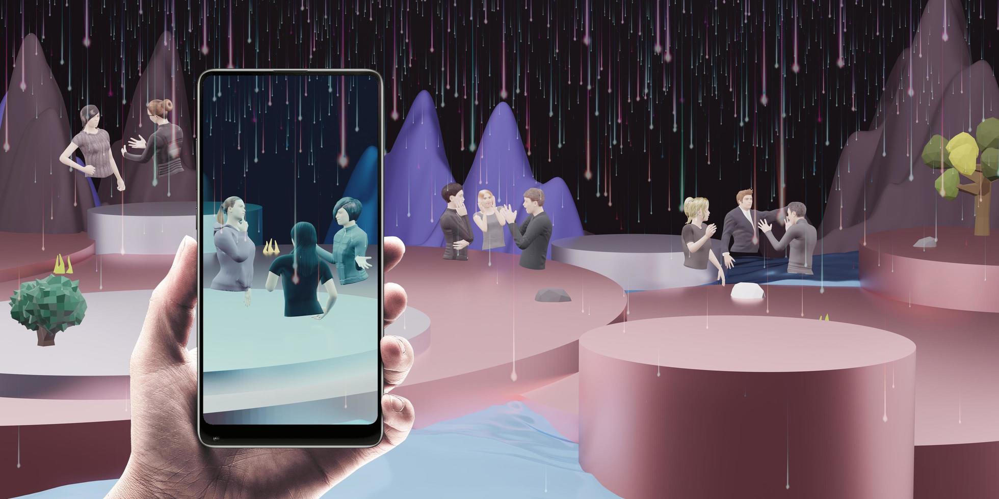 Avatars in Metaverse Party and online meetings via VR glasses and smartphones in the world of Metaverse and the sandbox 3D illustrations photo