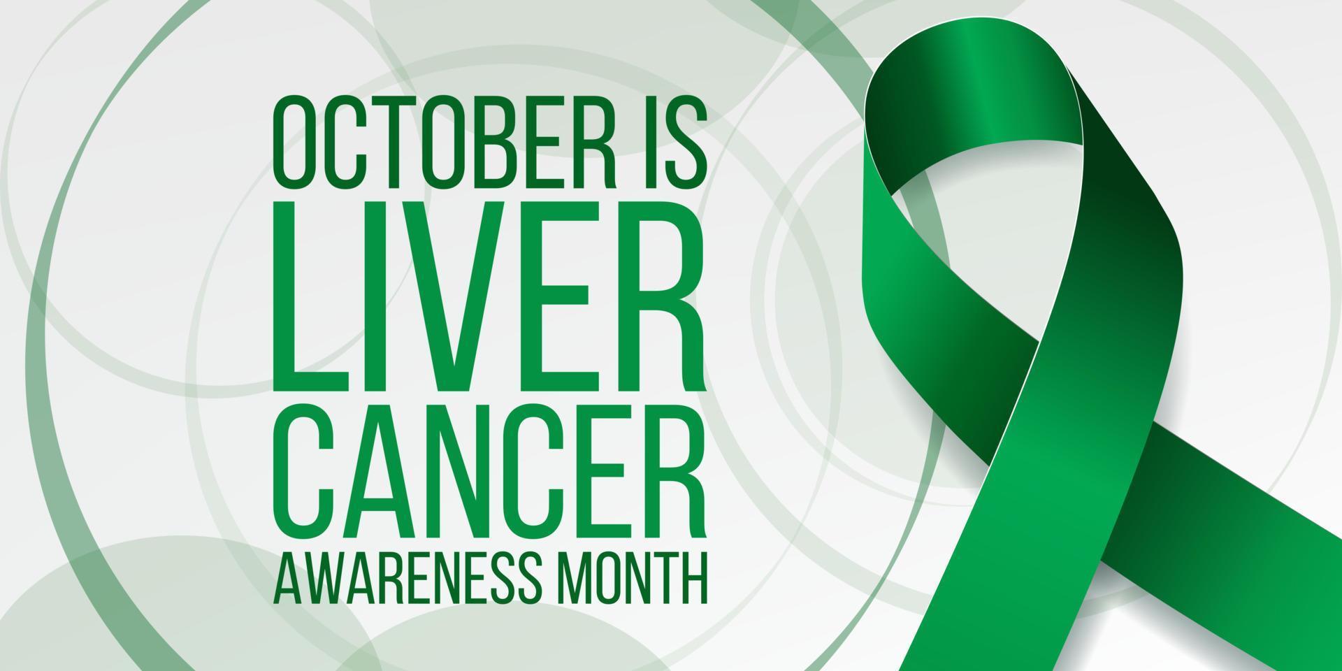 Liver Cancer Awareness Month concept. Banner with emerald green ribbon awareness and text.  Vector illustration.