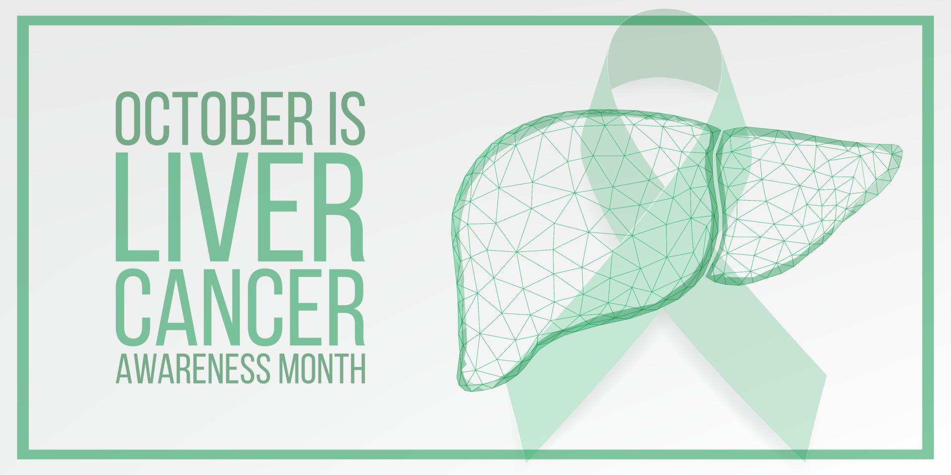 Liver Cancer Awareness Month concept. Banner with emerald green ribbon awareness and text.  Vector illustration.