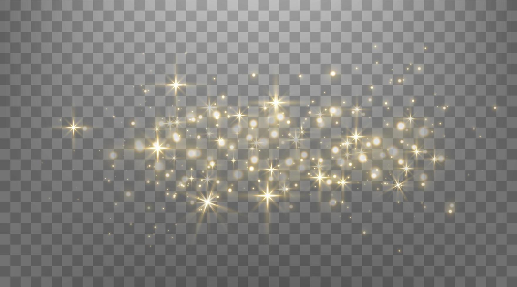 Gold glittering dots, sparkles, particles and stars on a black background. Abstract light effect. Gold luminous points. Vector illustration.