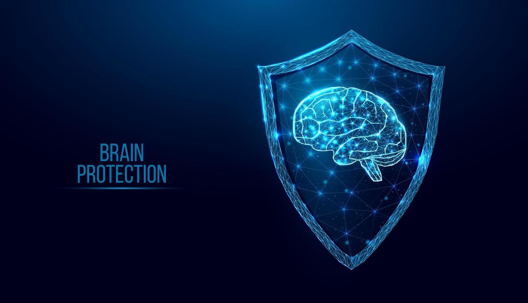 cerebro humano en escudo de guardia. concepto de seguridad cibernética con cerebro polivinílico bajo brillante y escudo sobre fondo azul oscuro. diseño de estructura alámbrica de baja poli. ilustración vectorial futurista abstracta. vector