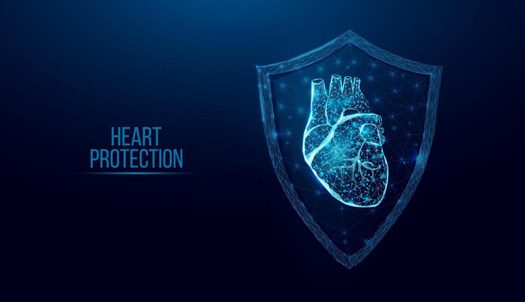 protección del corazón humano. estilo polivinílico bajo de la estructura alámbrica. concepto de ciencia médica, enfermedad cardiológica. ilustración vectorial 3d moderna abstracta sobre fondo azul oscuro. vector