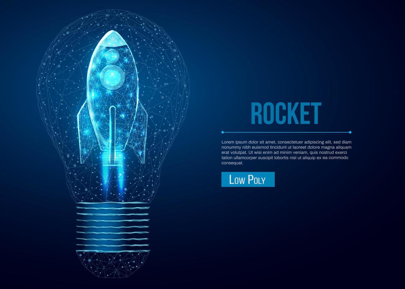 Rocket launch in lightbulb, wireframe polygonal style. Internet technology network, business startup concept with glowing low poly rocket. Futuristic modern abstract background. Vector illustration.