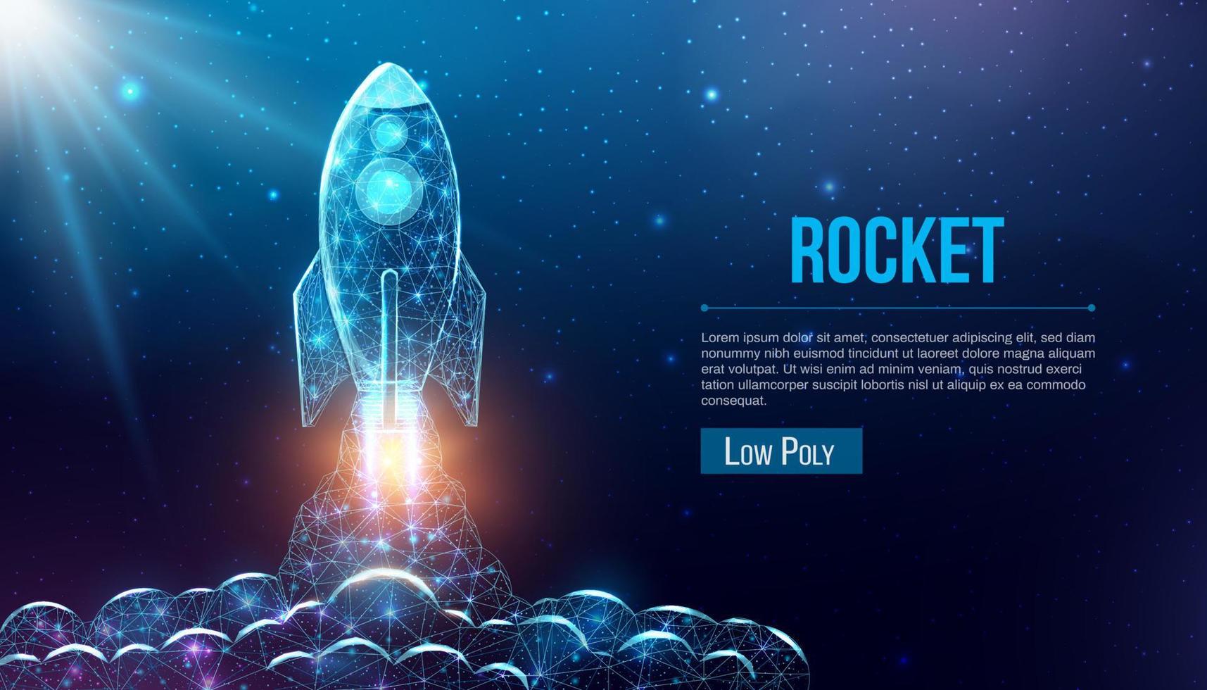 Rocket launch, wireframe polygonal style. Internet technology network, business startup concept with glowing low poly rocket. Futuristic modern abstract background. Vector illustration.