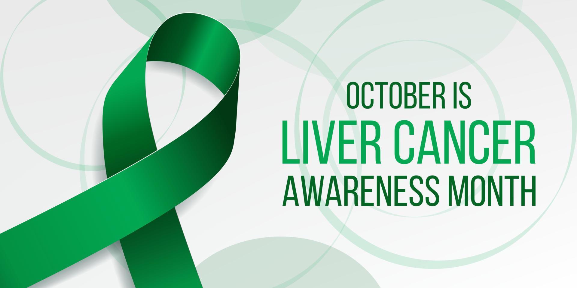 Liver Cancer Awareness Month concept. Banner with emerald green ribbon awareness and text.  Vector illustration.