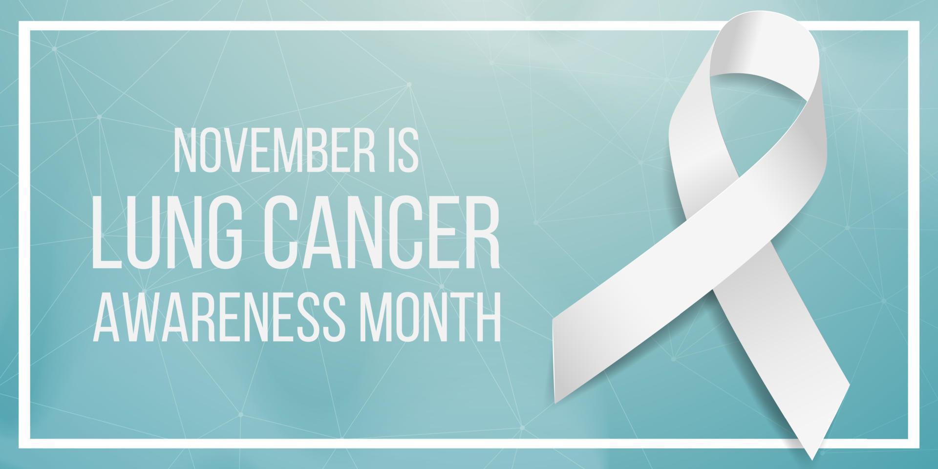 Lung cancer awareness month concept. Banner template with white ribbon awareness. Isolated on dark background. Vector illustration.