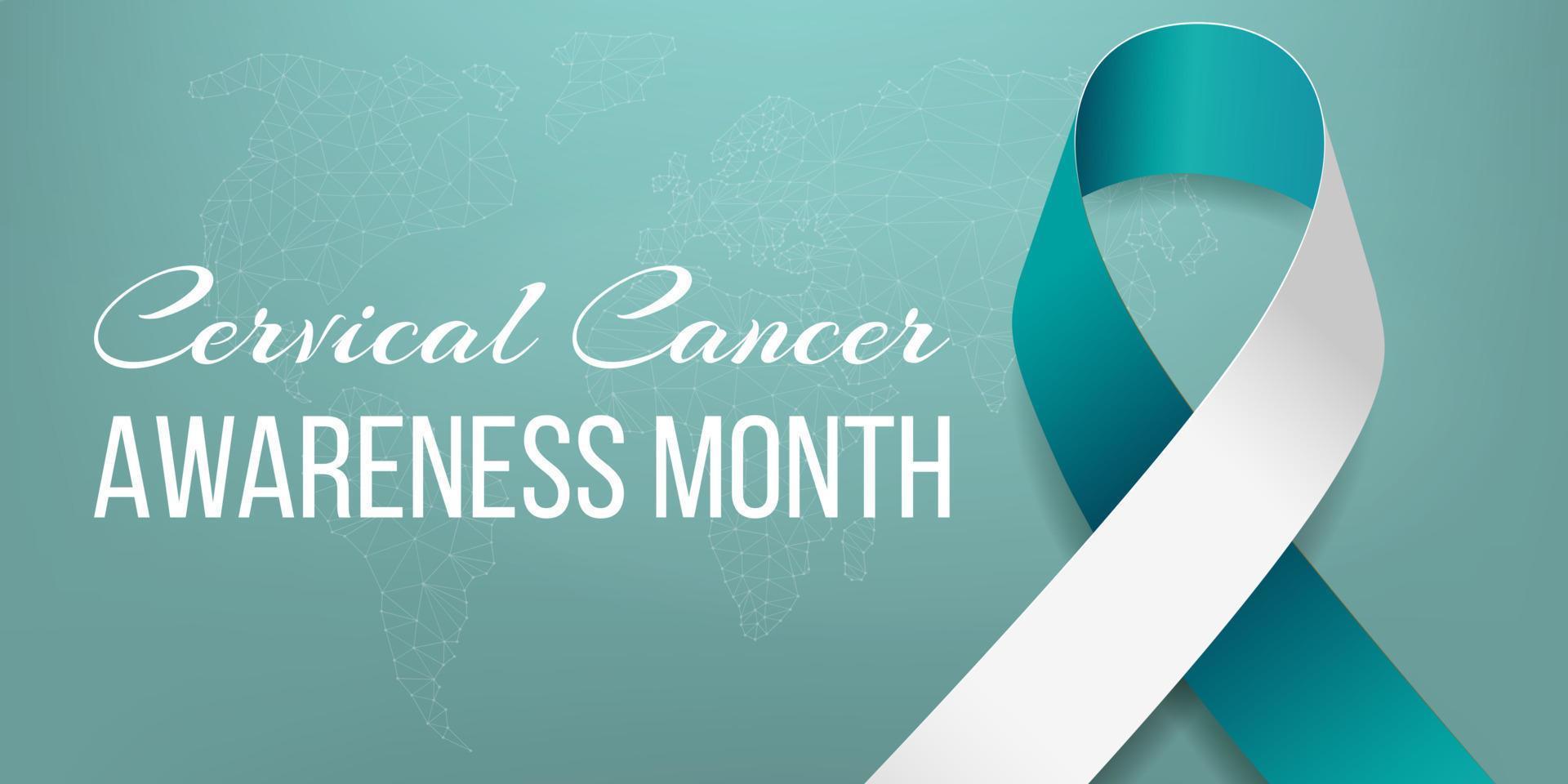 Cervical cancer awareness month banner with teal and white ribbon awareness and text. Vector illustration.