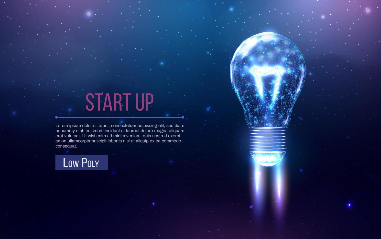 Bulb launch, wireframe polygonal style. Internet technology network, business startup concept with glowing low poly rocket. Futuristic modern abstract background. Vector illustration.