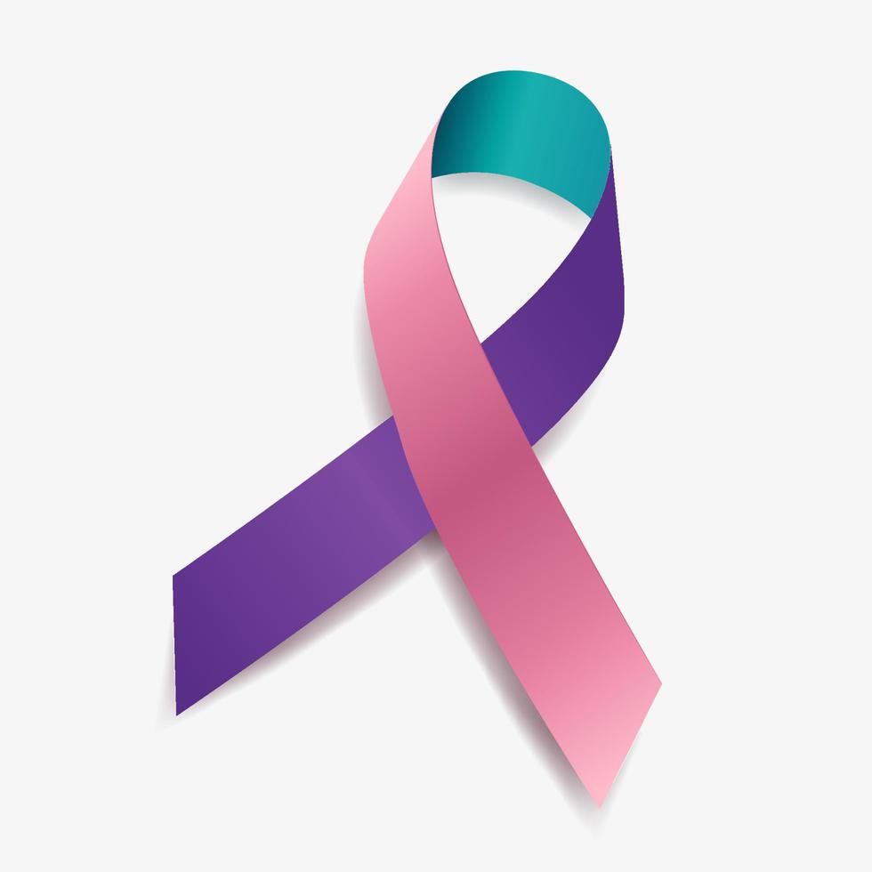 cáncer de tiroides de conciencia de cinta púrpura, verde azulado y rosa. aislado sobre fondo blanco. ilustración vectorial vector