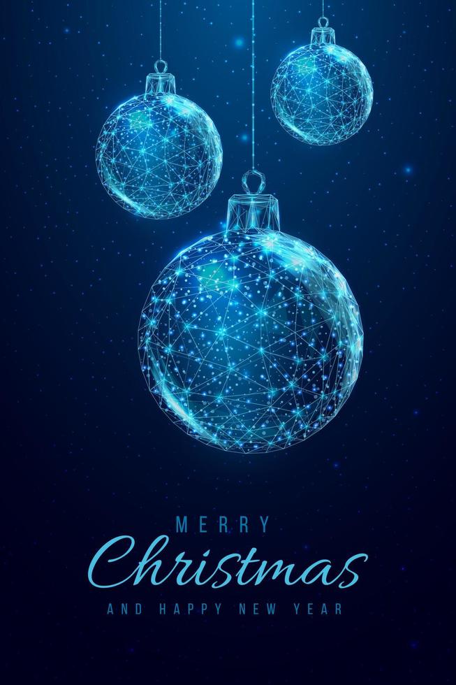 Wireframe Christmas balls, low poly style. Merry Christmas and New Year banner. Abstract modern 3d vector illustration on blue background.