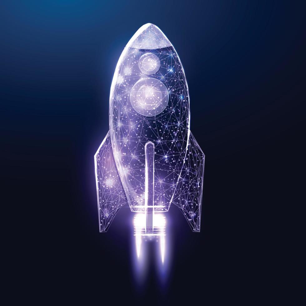 Wireframe polygonal rocket. Internet technology network, business startup concept with glowing low poly rocket. Futuristic modern abstract. Isolated on dark blue background. Vector illustration.