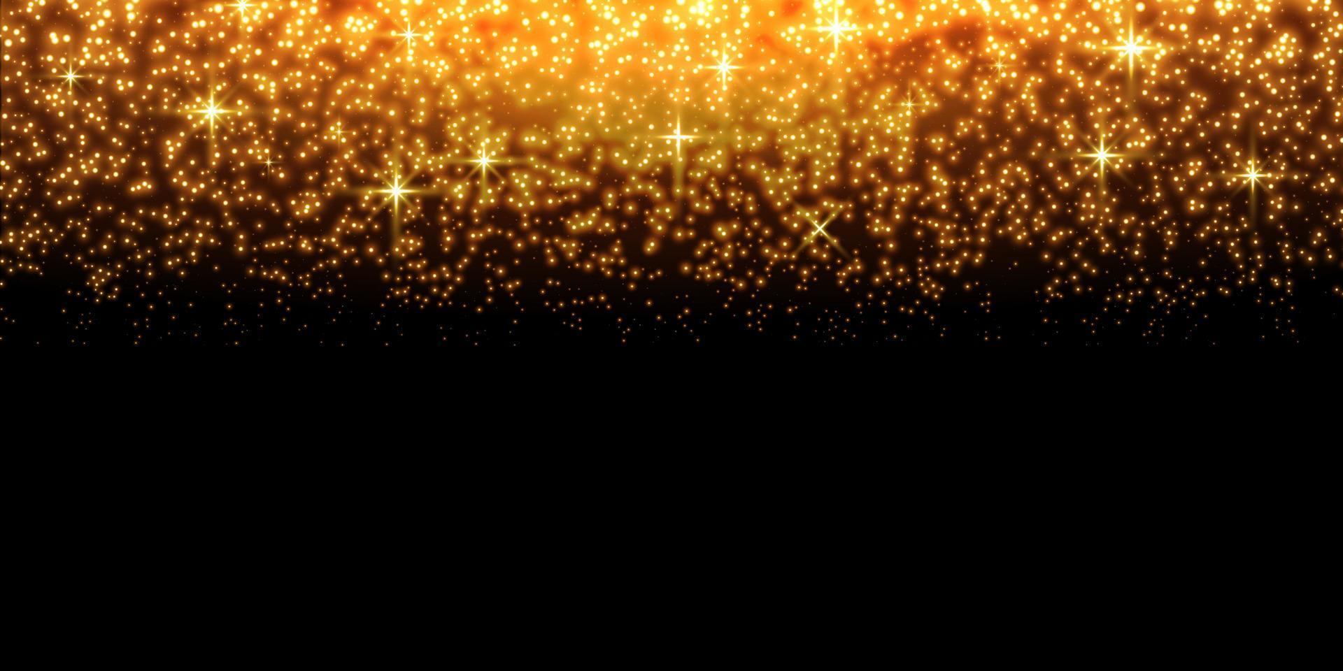 Gold glittering dots, sparkles, particles and stars on a black background. Abstract light effect. Gold luminous points. Vector illustration.