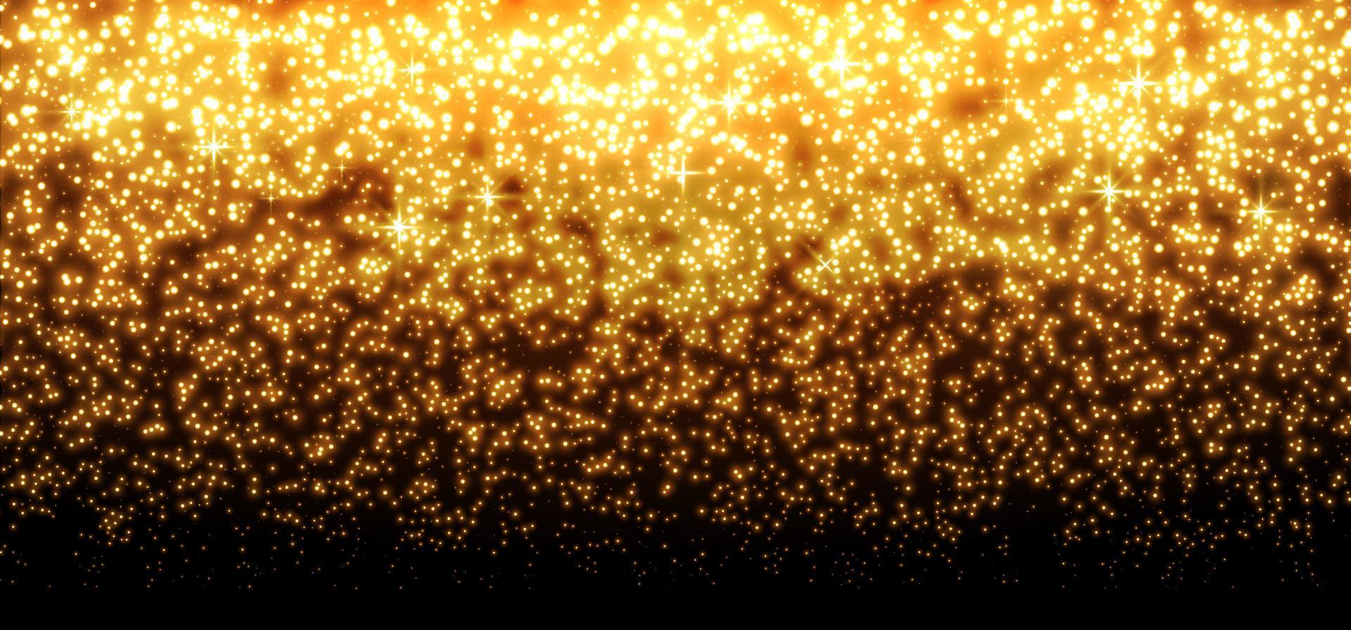 Gold glittering dots, sparkles, particles and stars on a black background. Abstract light effect. Gold luminous points. Vector illustration.