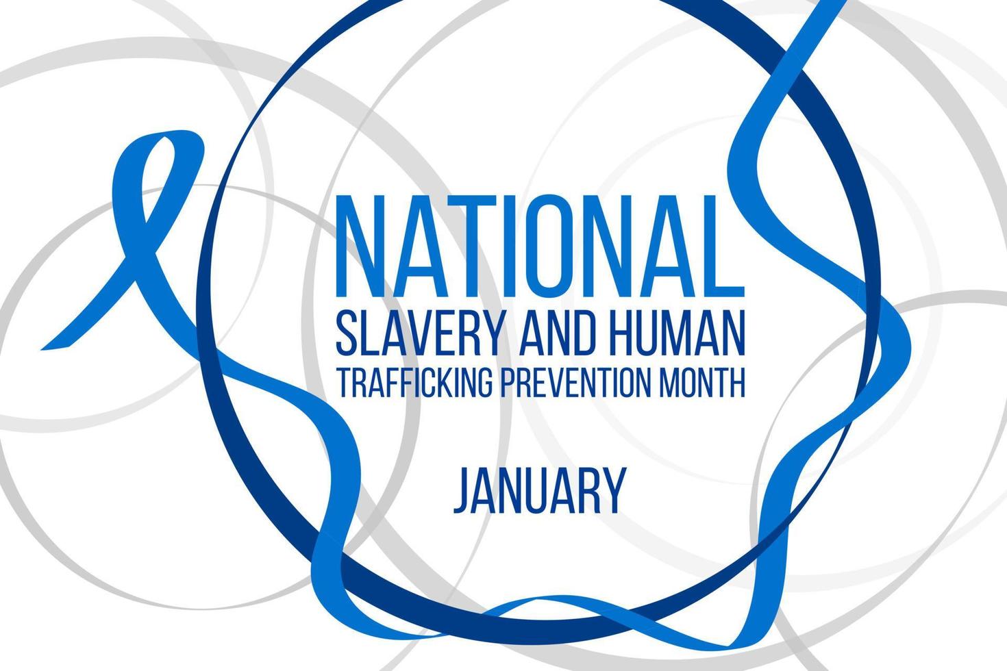 National slavery and human trafficking prevention month concept. Banner with blue ribbon awareness and text. Vector illustration.