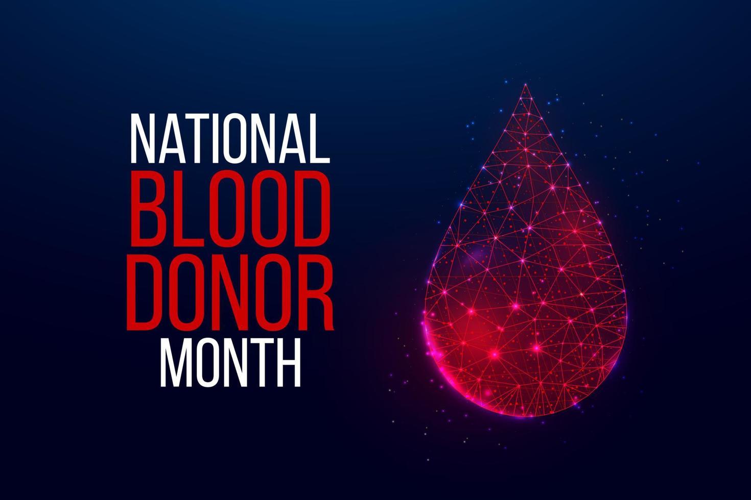 National Blood Donor Month concept. Banner with glowing low poly red blood drop on dark background. Vector illustration.