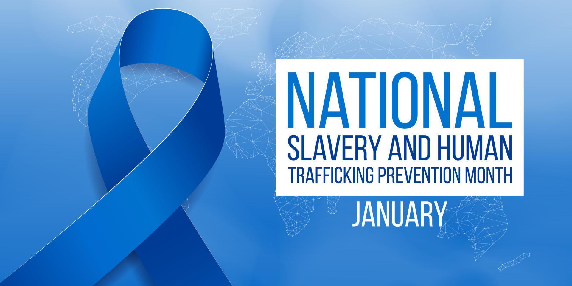 National slavery and human trafficking prevention month concept. Banner with blue ribbon awareness and text. Vector illustration.