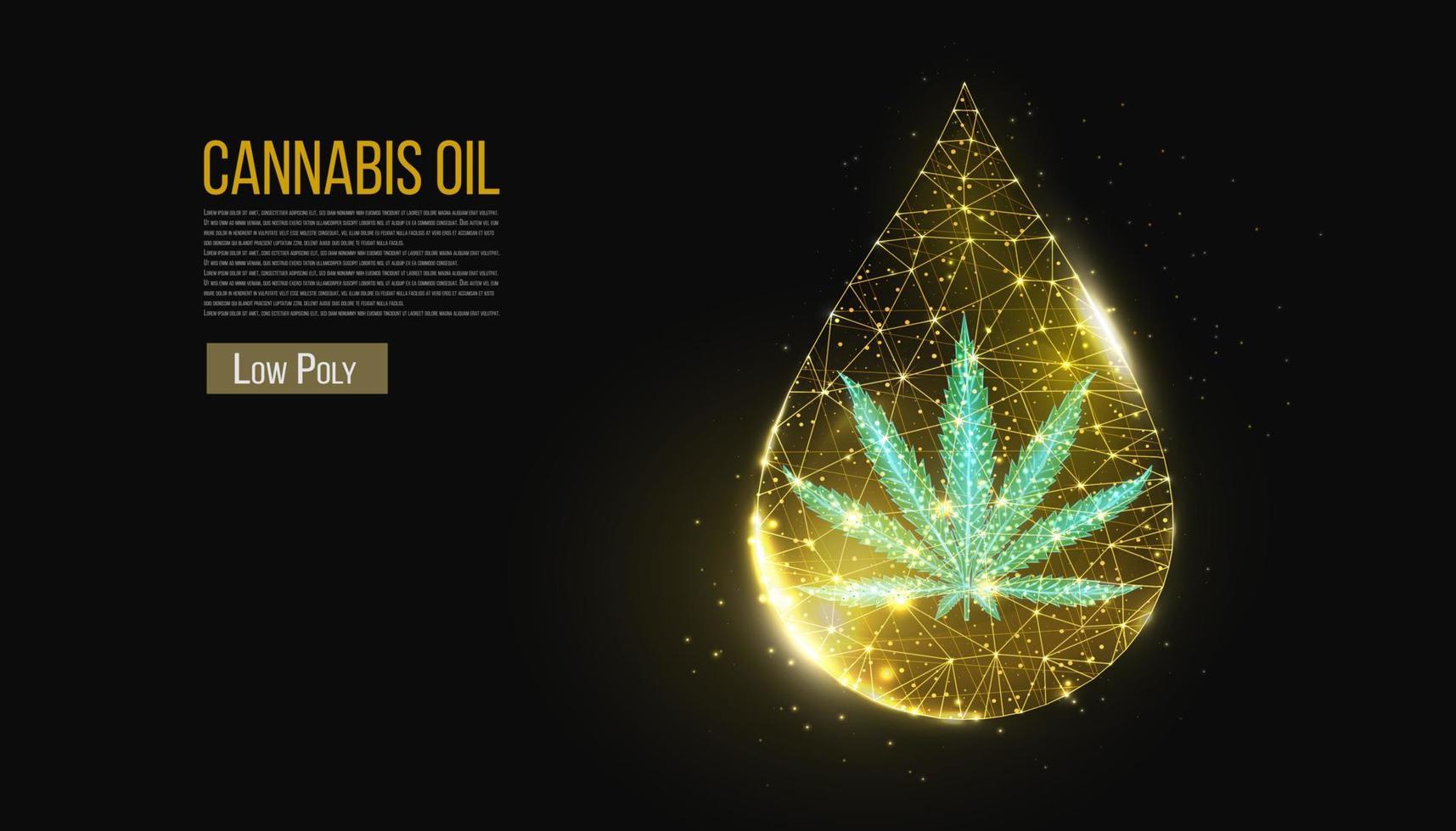 Cannabis oil concept. Low poly hemp and oil drop on black background. Marijuana leaf wireframe light connection structure, 3d polygonal graphic. Vector illustration.