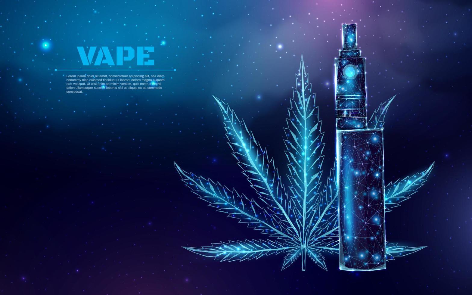 Vaping pen device kit and mod wireframe. Poster template with glowing low poly vaping box. Futuristic modern abstract. Isolated on dark blue background. Vector illustration.