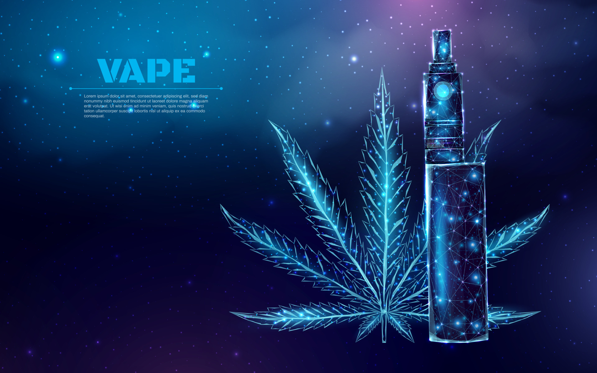 Vaping pen device kit and mod wireframe. Poster template with glowing