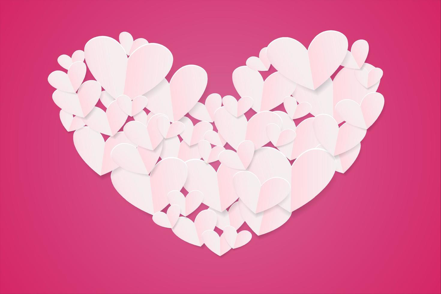 Paper elements in shape of heart  on pink background. Vector symbols  Valentine's Day, birthday greeting card design.