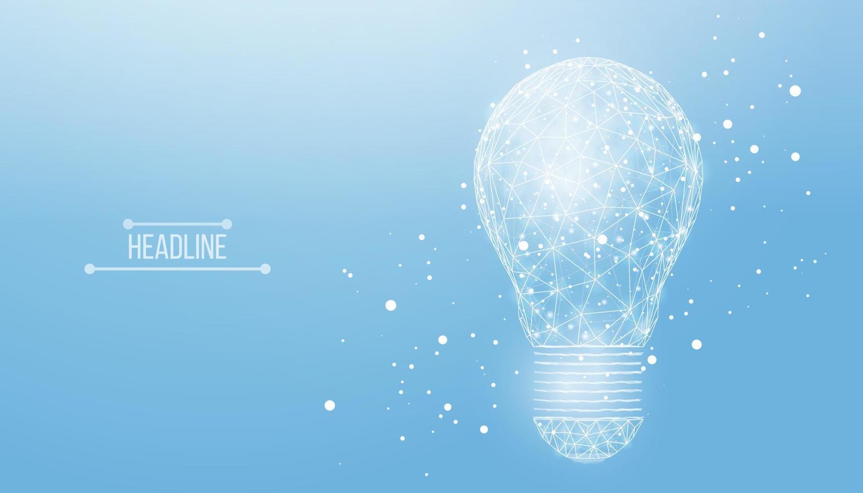 Wireframe polygonal lightbulb. Internet technology network, business idea concept with glowing low poly bulb. Futuristic modern abstract. Isolated on blue background. Vector illustration.