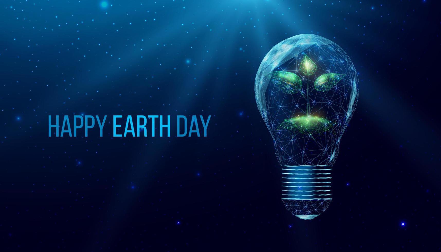 Wireframe polygonal plant in a lightbulb. Saving energy ecology concept with glowing low poly plant in bulb. Futuristic modern abstract. Isolated on dark blue background. Vector illustration.