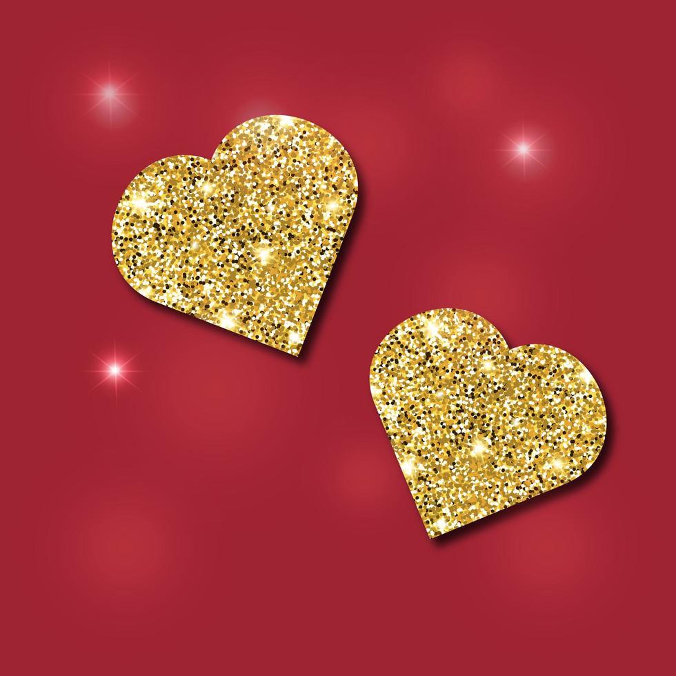 Glitter golden textured hearts on a red background. photo