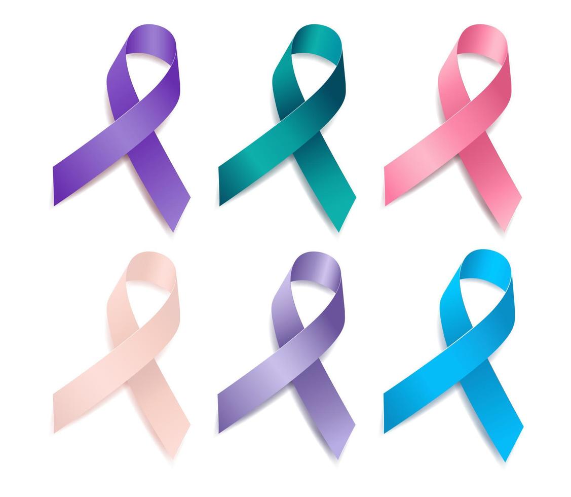 Set of ribbon awareness Gynecologic Cancer. Cervical, Ovarian, Vaginal, Vulvar, Uterine, Endometrial cancer. Isolated on white background. Vector illustration.