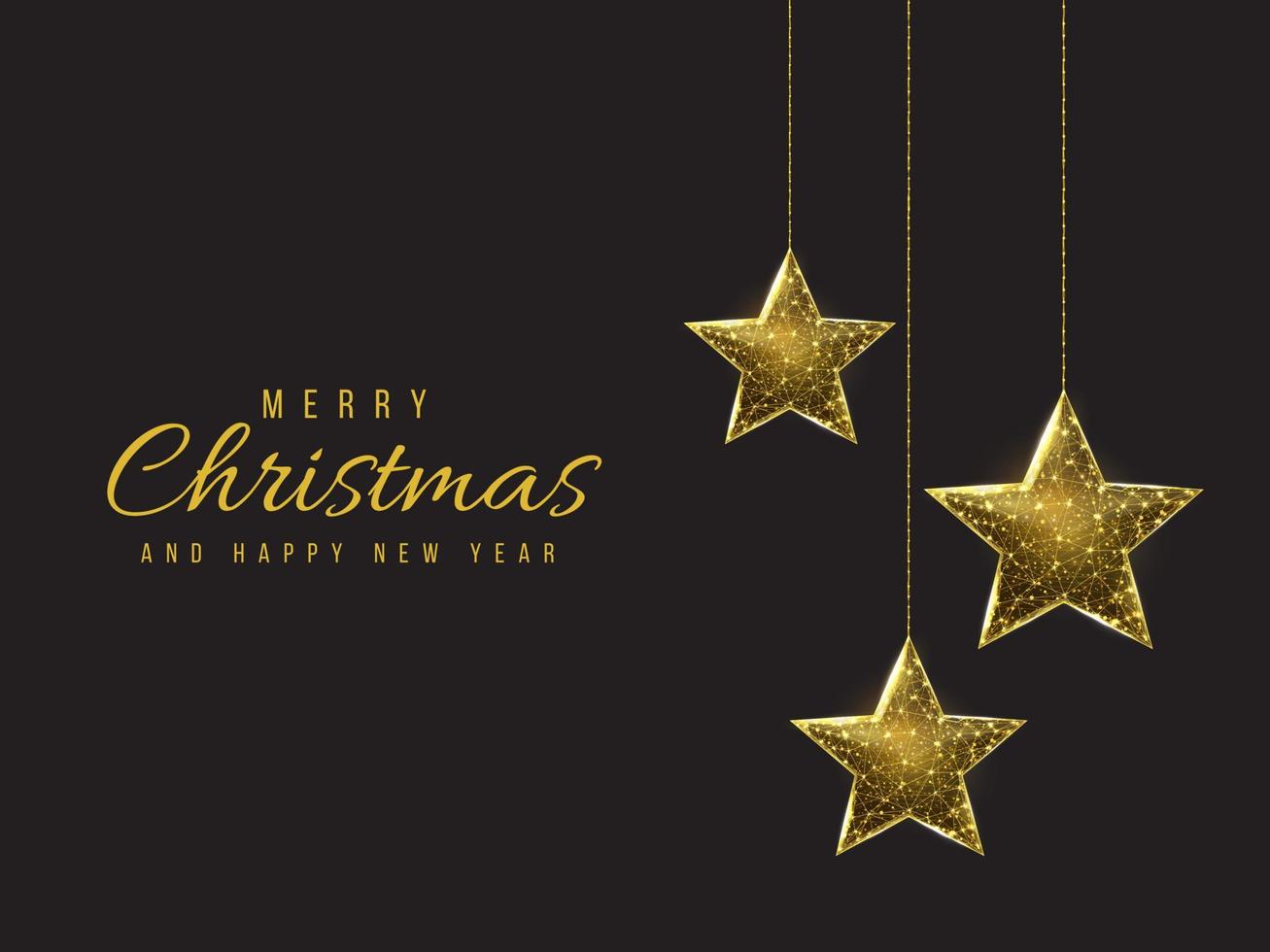 Merry Christmas and Happy new year low poly greeting card. Polygonal wireframe mesh illustration with hanging Christmas stars. Abstract vector illustration on dark background.