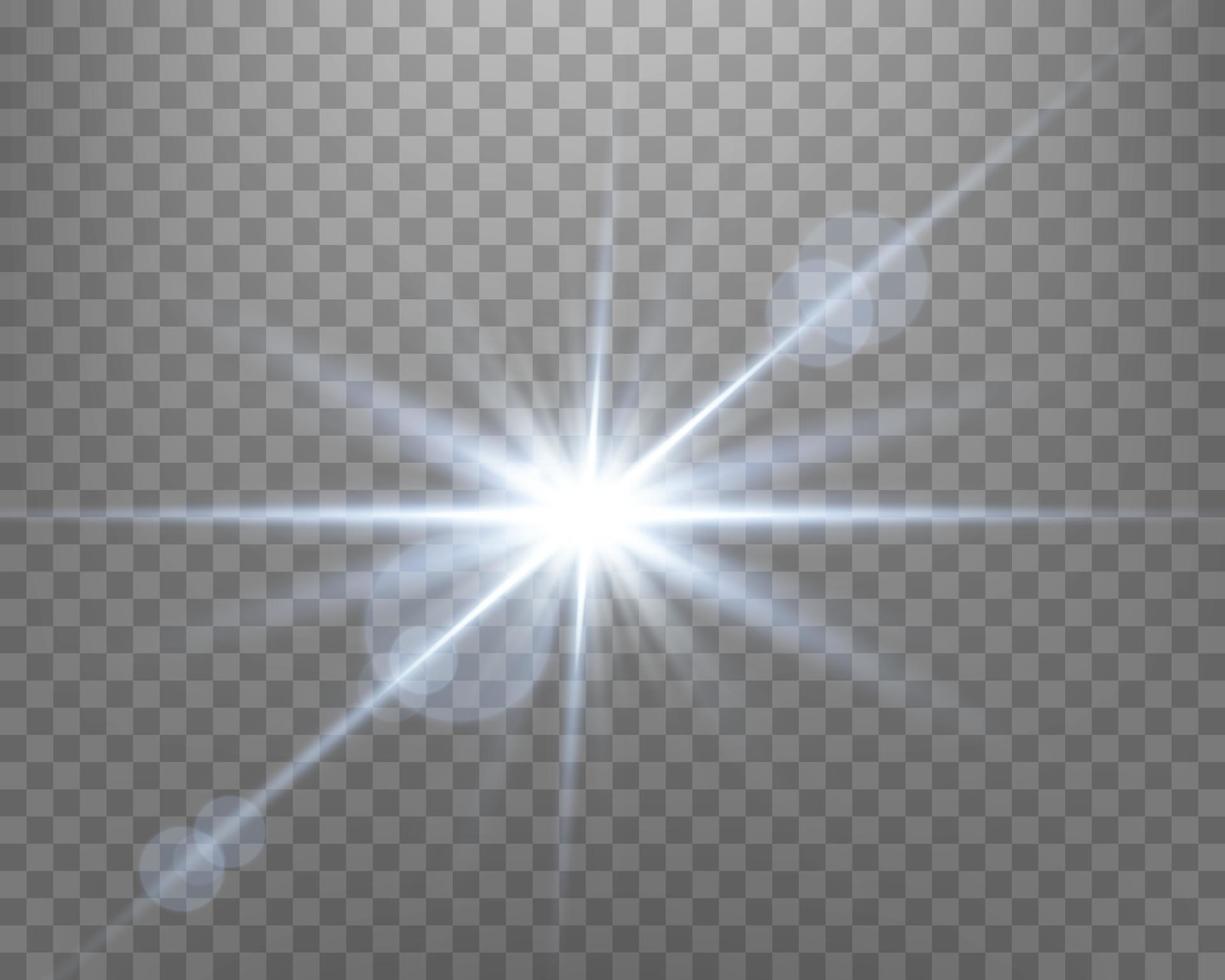 Blue sunlight lens flare, sun flash with rays and spotlight. Glowing burst explosion on a transparent background. Vector illustration.