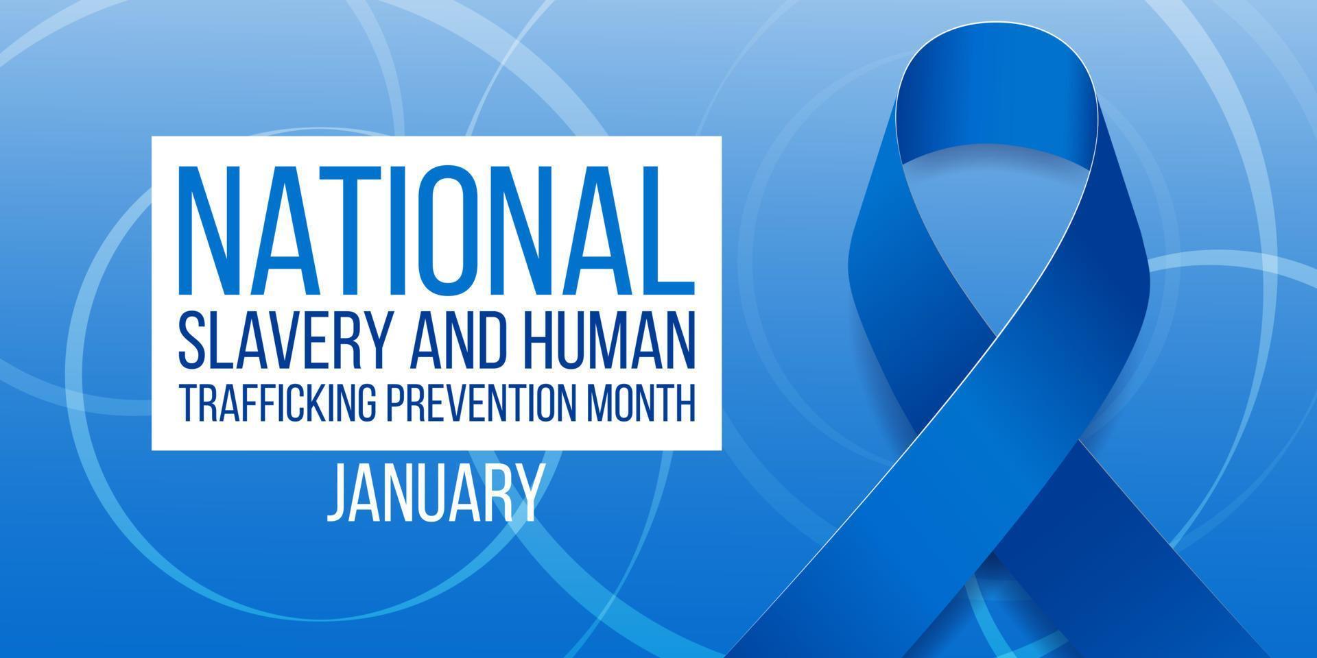 National slavery and human trafficking prevention month concept. Banner with blue ribbon awareness and text. Vector illustration.