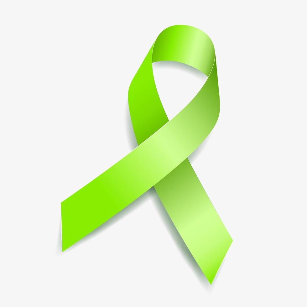 Lime green ribbon awareness Achalasia, Depression, Lymphoma, Mental Health, Lyme Disease. Isolated on white background. Vector  illustration.