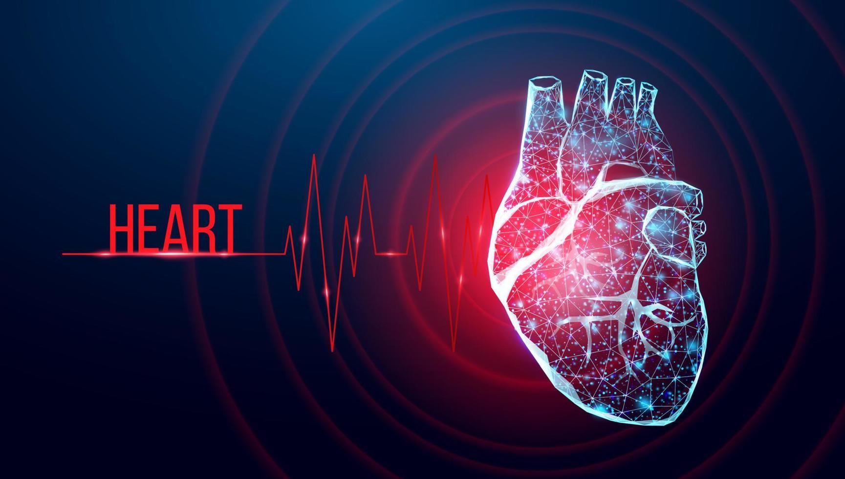 Human heart wireframe. World heart day concept. Banner template glowing low poly. Futuristic modern abstract. Isolated on dark background. Vector illustration.