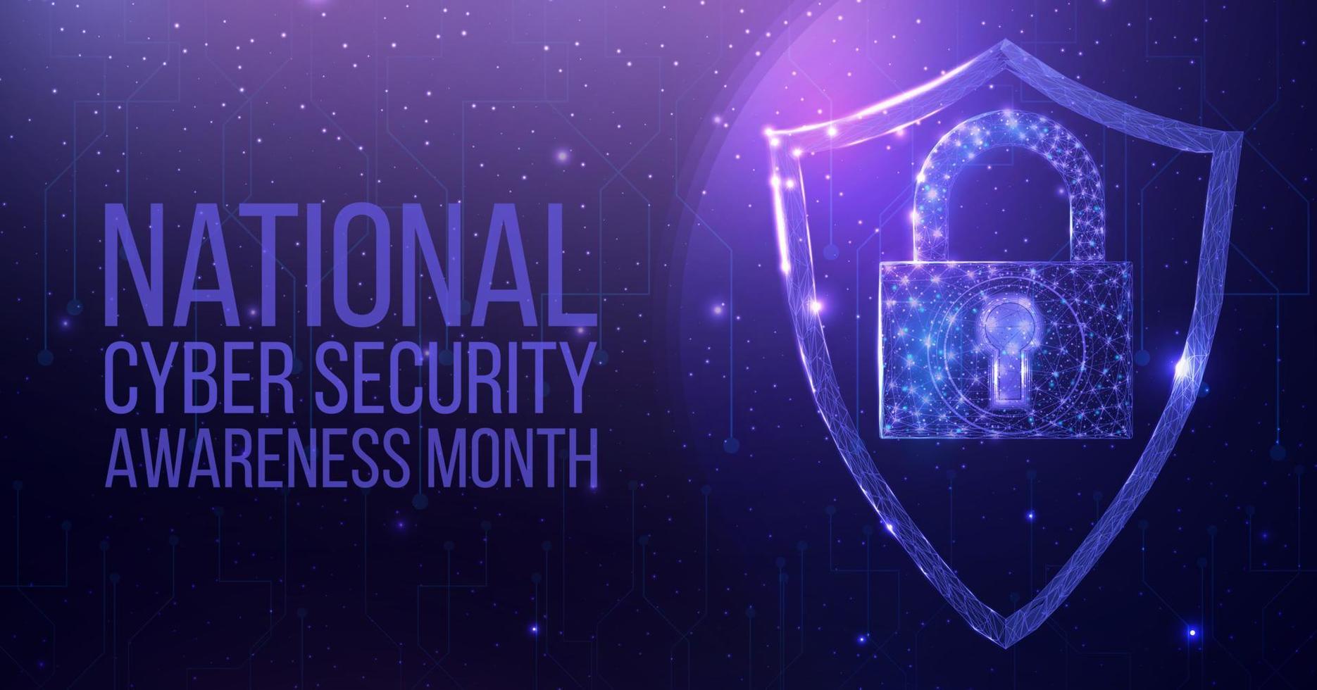 National Cyber Security Awareness Month. Wireframe polygonal shield with globe map. Cyber security, world protection concept with glowing low poly guard. Futuristic abstract vector illustration.