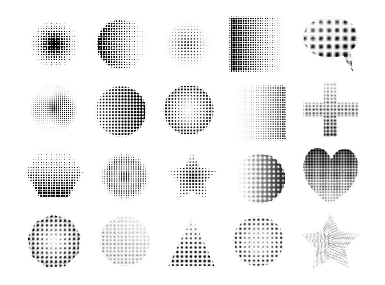 Black halftone shapes set. Round, square, triangular, star-shaped elements from dots for graphic design. Isolated on white background. Vector illustration.