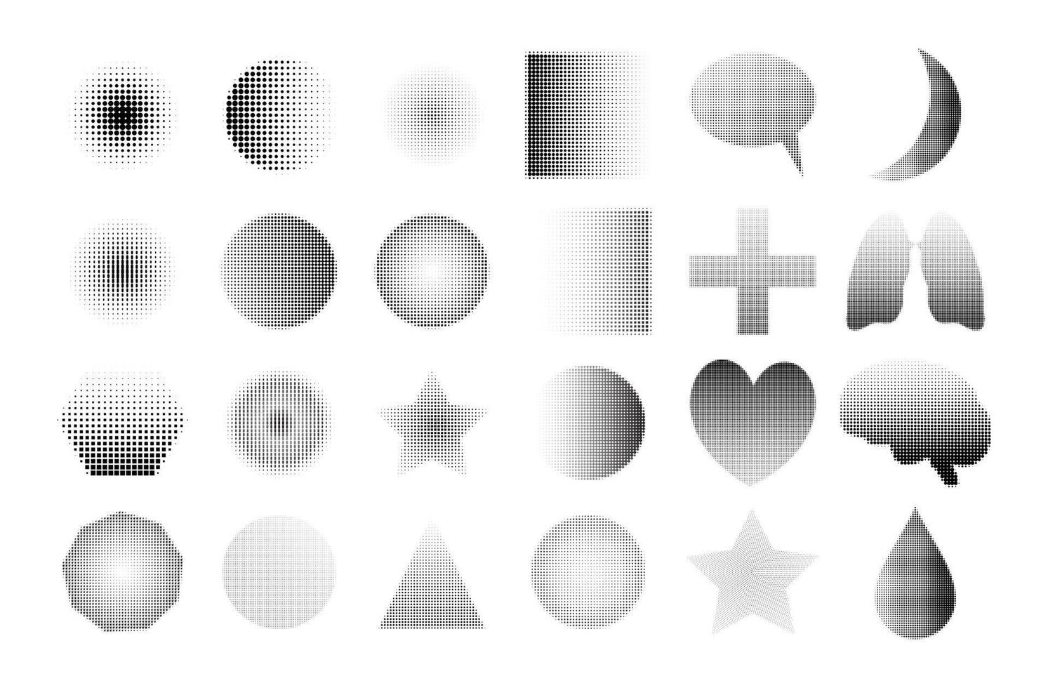 Black halftone shapes set. Round, square, triangular, star-shaped elements from dots for graphic design. Isolated on white background. Vector illustration.