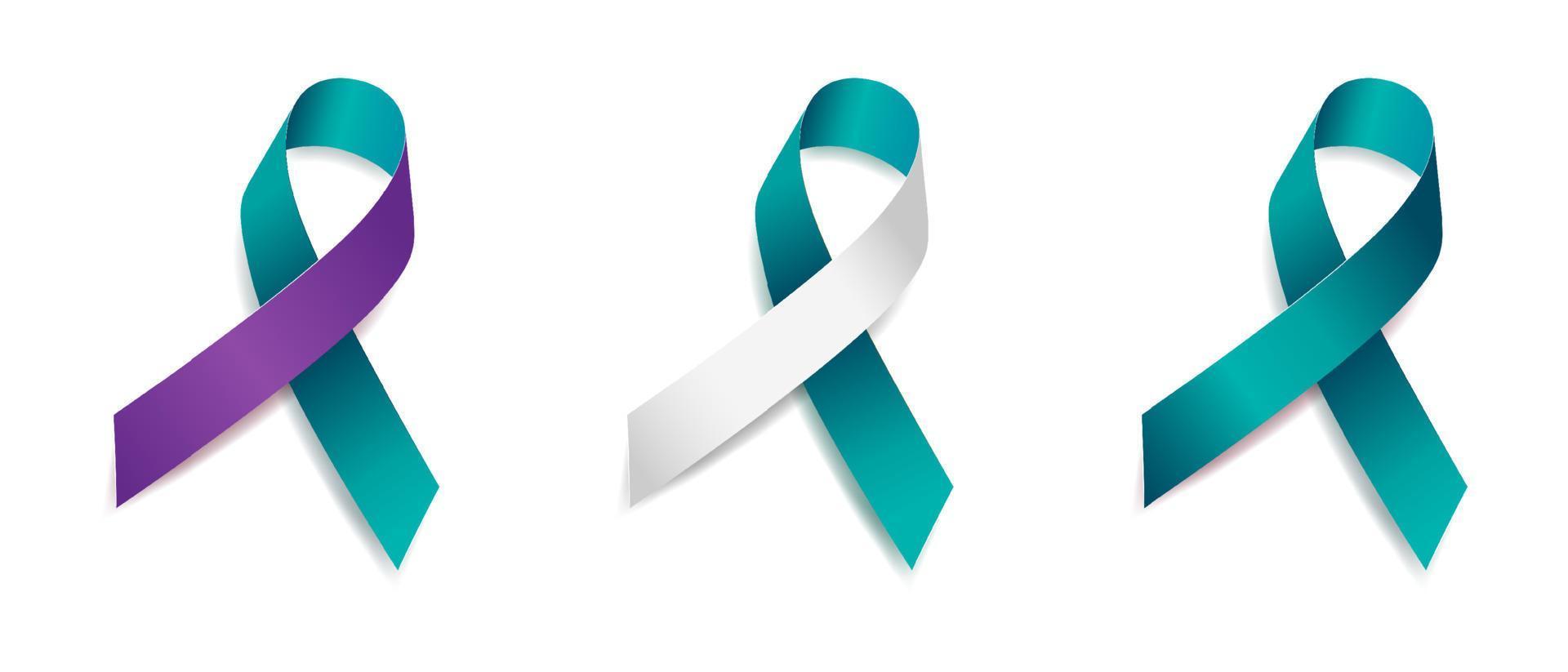 Set of tree teal ribbon awareness Cervical Cancer, Sexual Assault, Polycystic Ovarian Syndrome, Suicide, Domestic Violence,  PTSD, Isolated on white background. Vector  illustration.