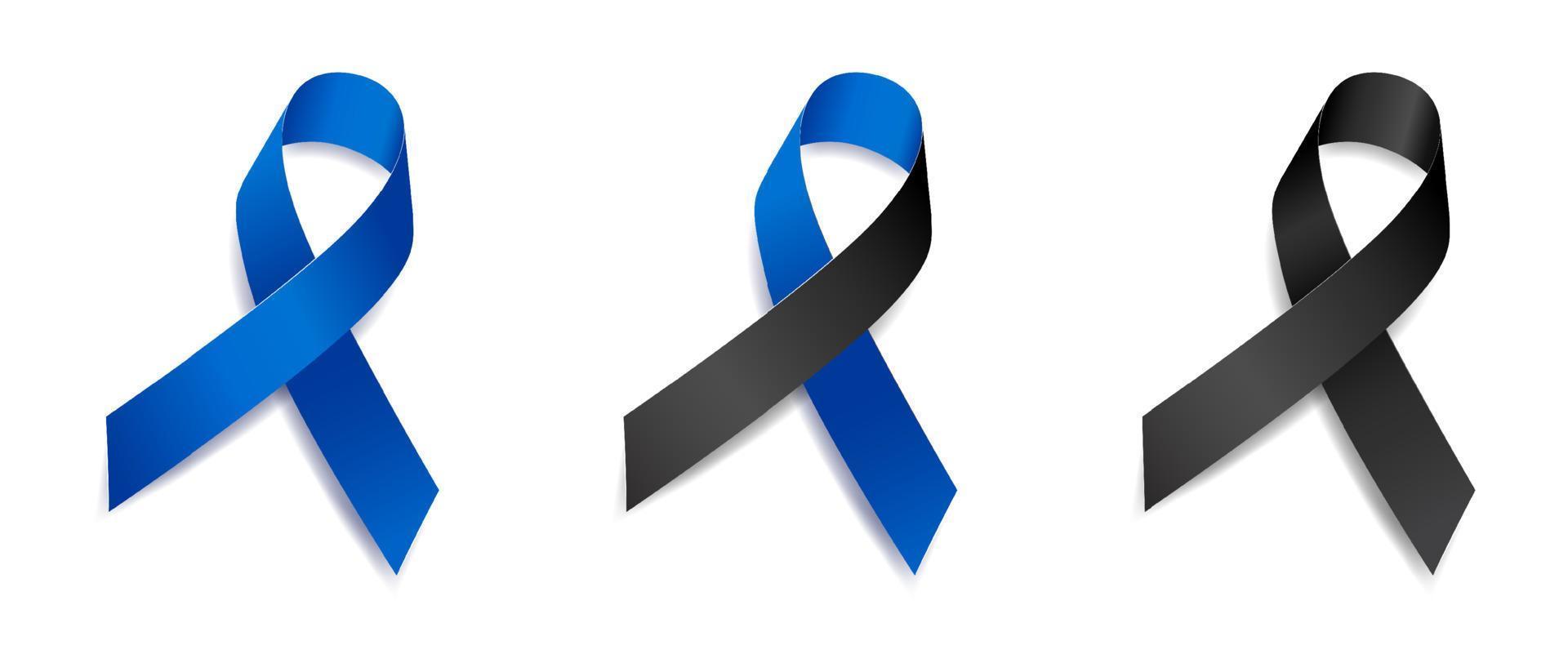 conjunto de artritis de conciencia de cinta azul y negra de árbol, hidrocefalia, educación, cáncer de colon, melanoma ocular, monumentos conmemorativos, cáncer de piel. aislado sobre fondo blanco. ilustración vectorial vector