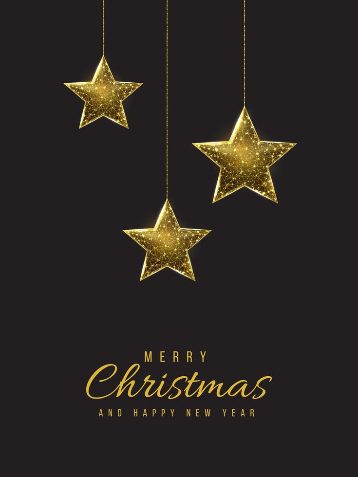Merry Christmas and Happy new year low poly greeting card. Polygonal wireframe mesh illustration with hanging Christmas stars. Abstract vector illustration on dark background.