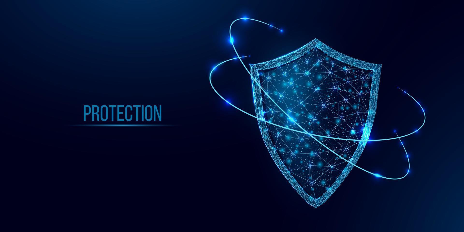 Guard shield. Cyber security concept with glowing low poly shield on dark blue background. Wireframe low poly design. Abstract futuristic vector illustration.