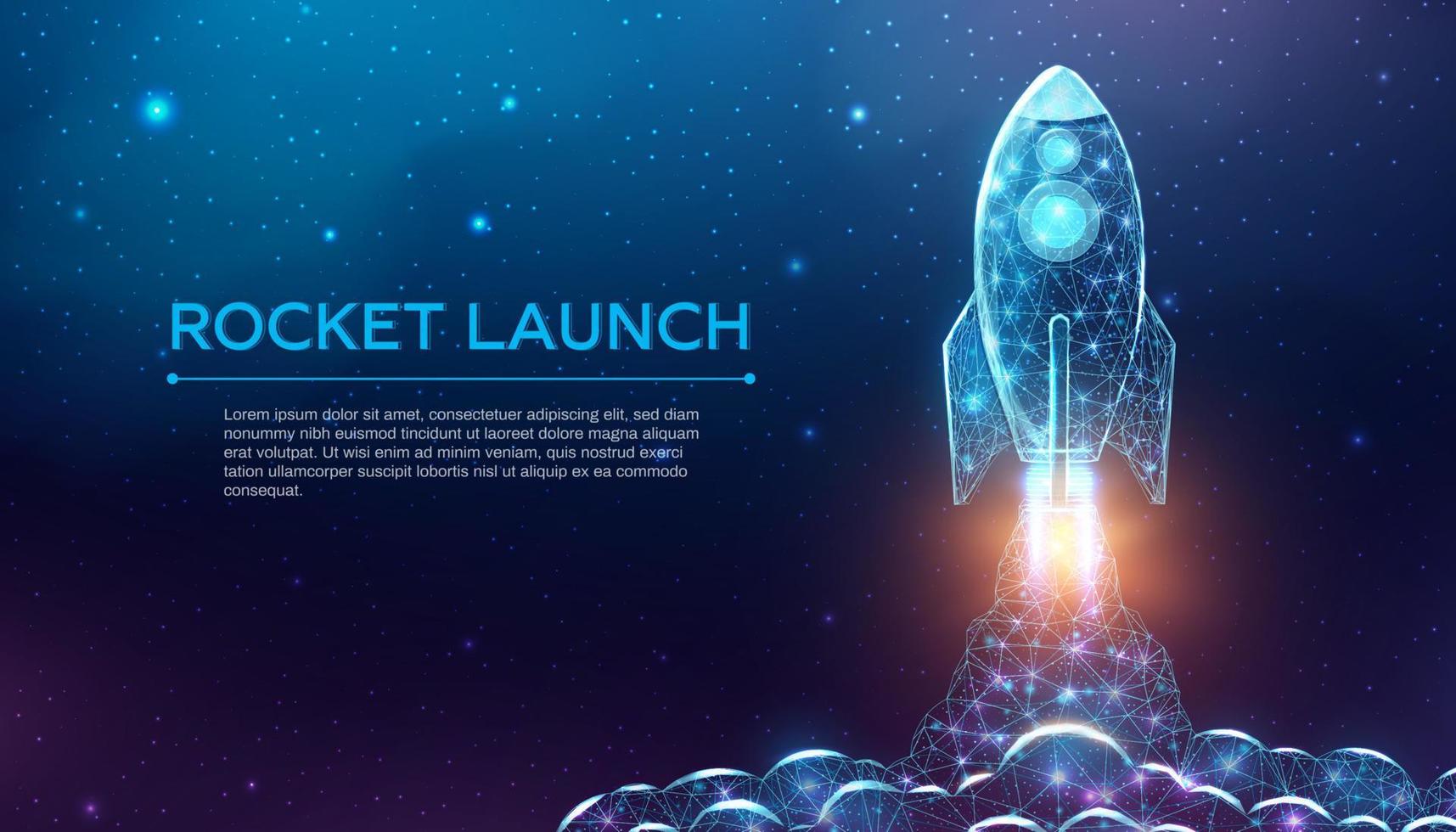 Rocket launch, wireframe polygonal style. Internet technology network, business startup concept with glowing low poly rocket. Futuristic modern abstract background. Vector illustration.