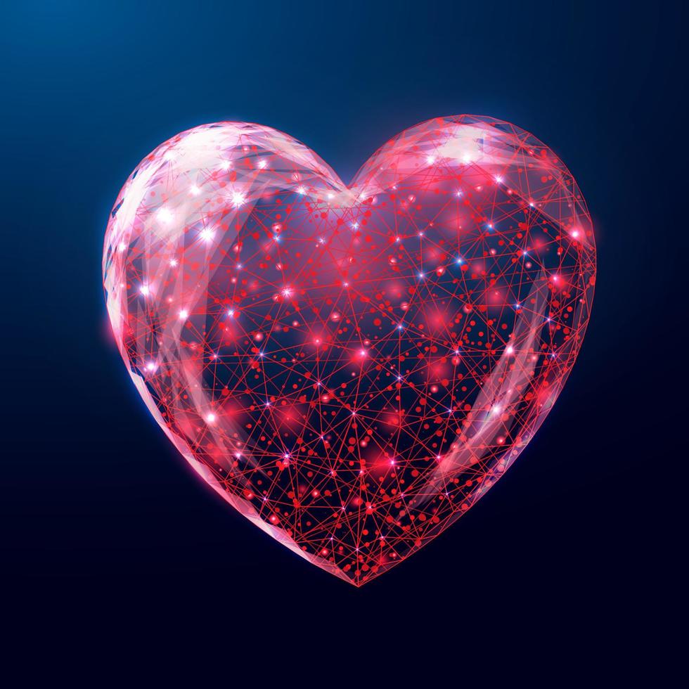 Wireframe heart, low poly style. Element for medical science, cardiology illness.  Abstract modern 3d vector illustration on dark blue background.