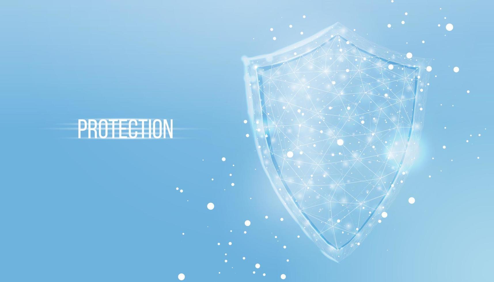 Guard shield. Cyber security concept with glowing low poly shield on blue background. Wireframe low poly design. Abstract futuristic vector illustration.