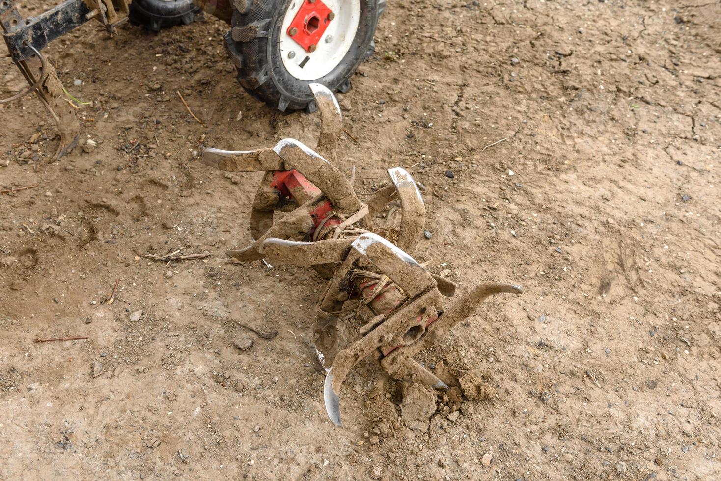 Small farm tractor plows the ground, the work of a walk-behind tractor photo