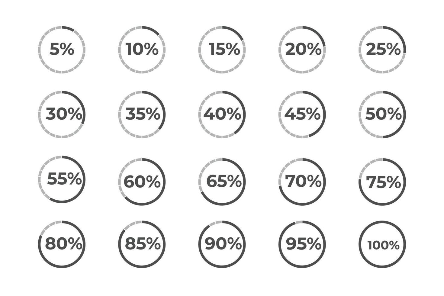 Black and white infographic circular percentage diagrams set. Black outline percentage isolated on a white background. Circles divided by percentage. Black and white percentage meter vector. vector