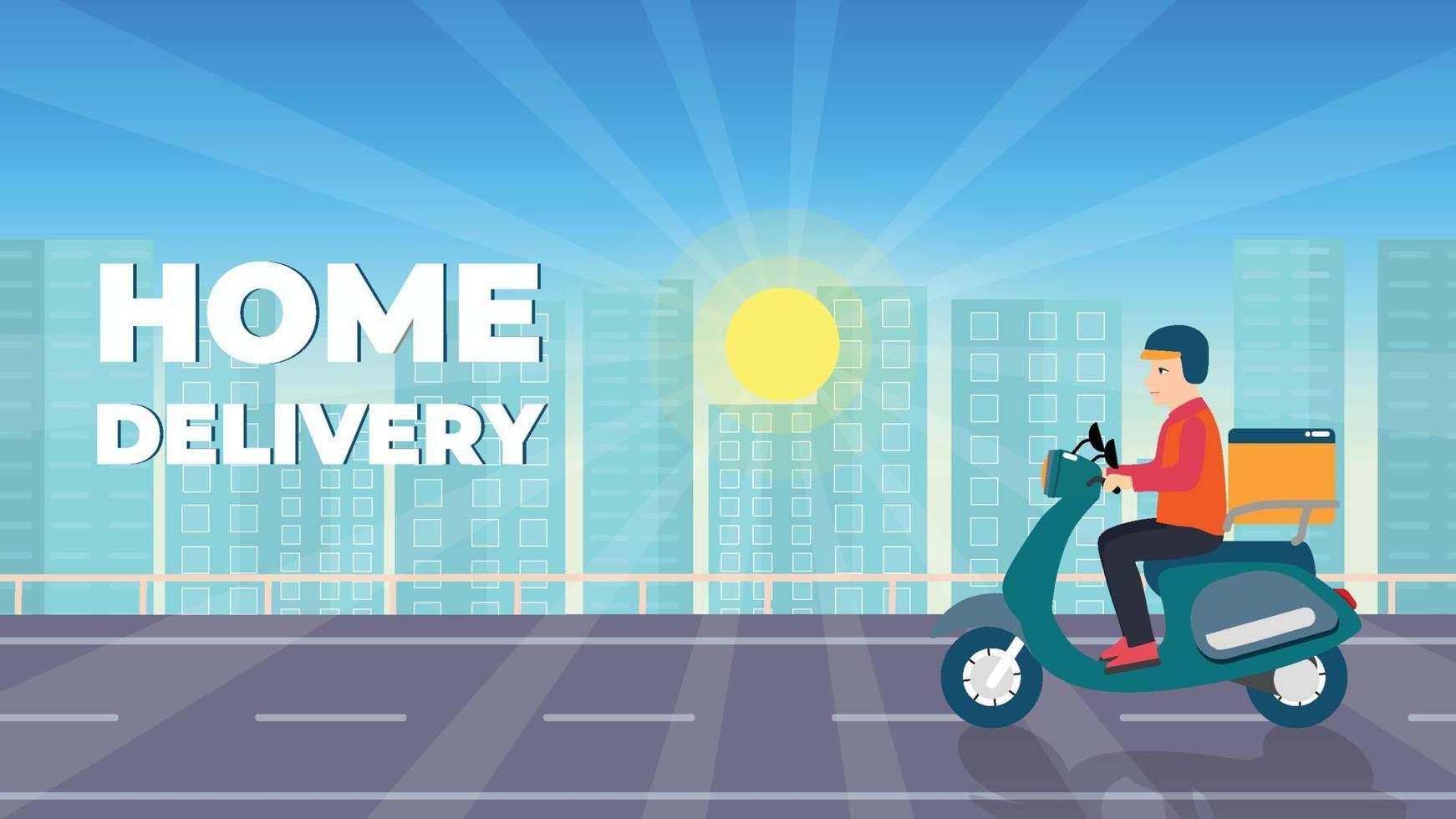 Home delivery service concept with a delivery man riding a scooter. Delivery man flat illustration. Online order concept with urban buildings and sun. A delivery man riding a bike on the urban road. vector