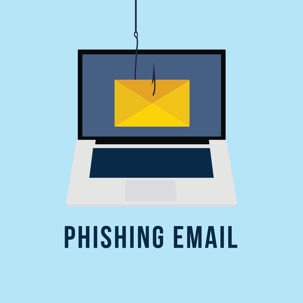 Phishing mail with a fishing hook vector. Hacker stealing mail illustration. Online password and login scam. Computer hacker spam mail. Password login with a phishing email. Virus notification. vector