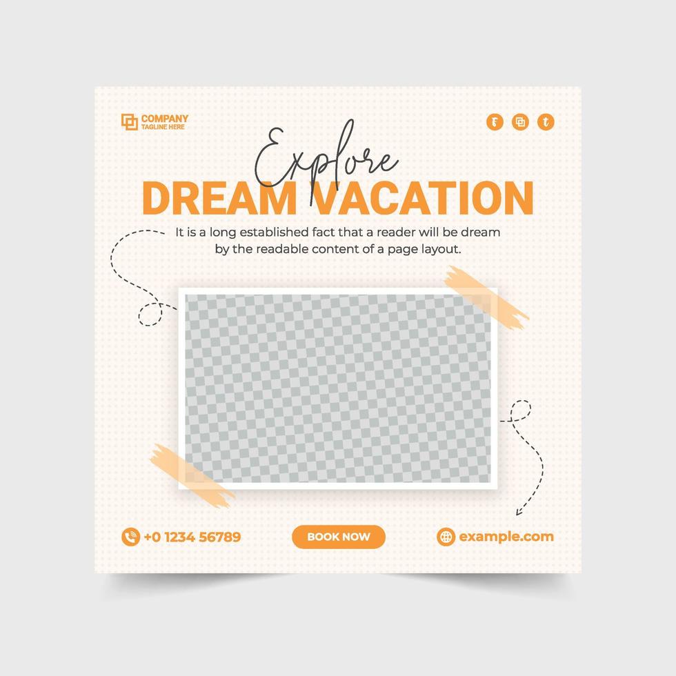 Tour and travel agency promotion banner. Travel and holiday vacation planner organization social media post. Holiday vacation discount offer template. Travel agency advertising flyer template. vector