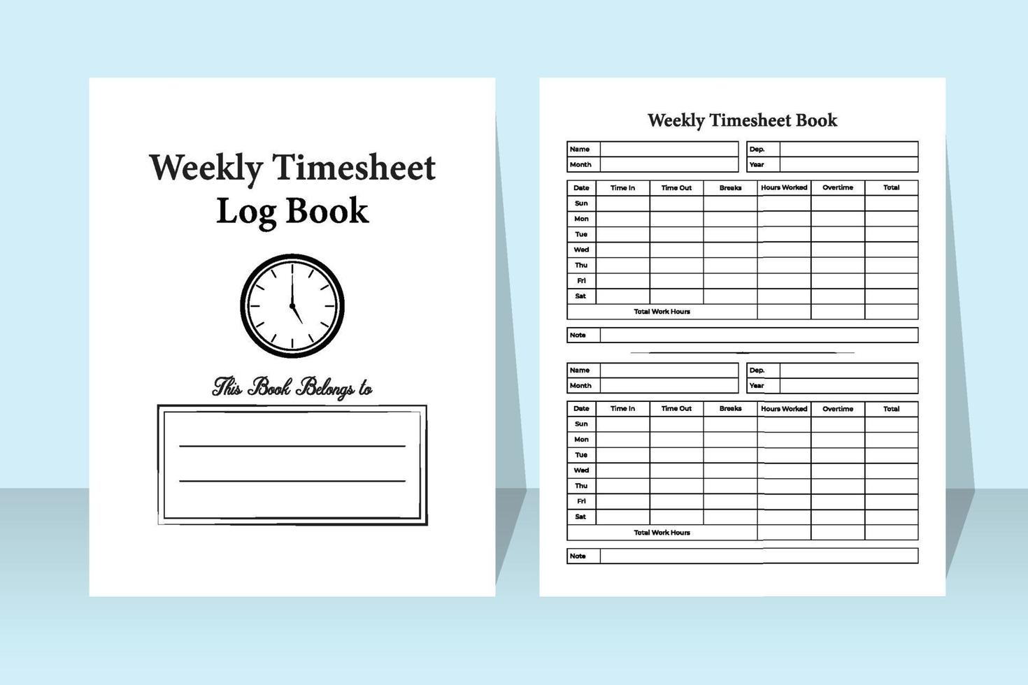 Weekly timesheet log book interior. Time management and employee work