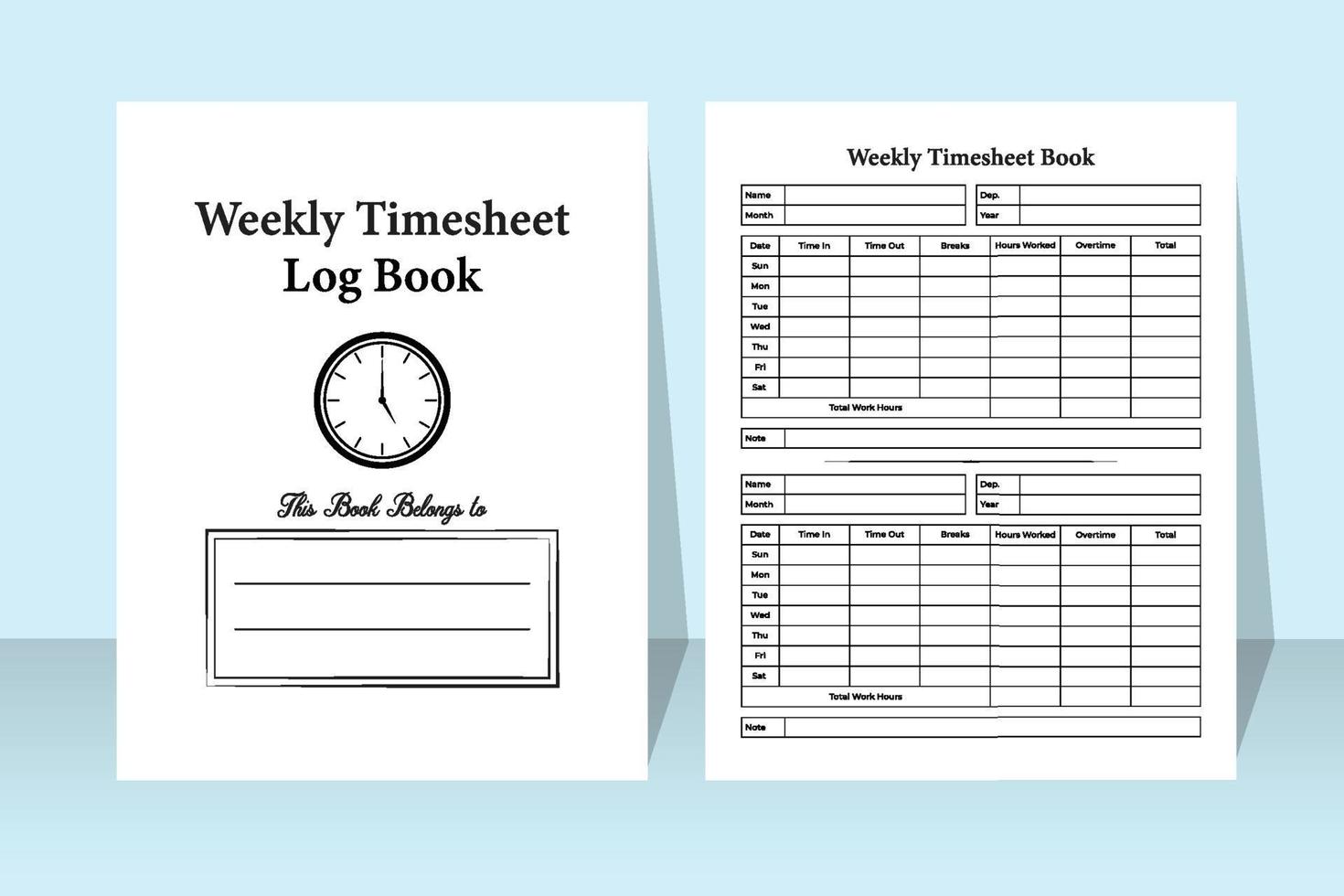 Weekly timesheet log book interior. Time management and employee work timer notebook template. Interior of a journal. Weekly timesheet notebook and business time management journal interior. vector